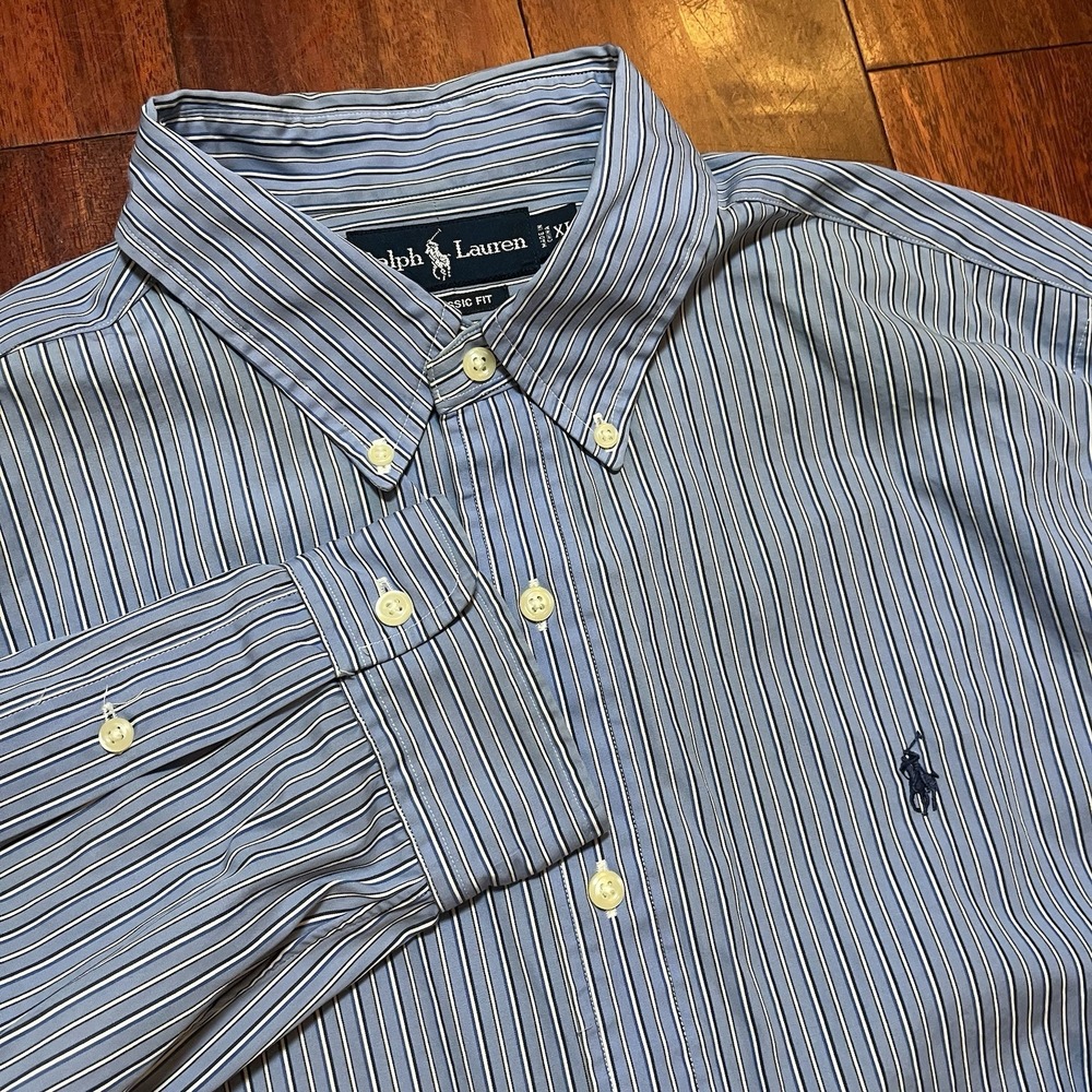 Ralph Lauren Shirt Mens Extra Large Blue White Striped Button Classic Fit Preppy